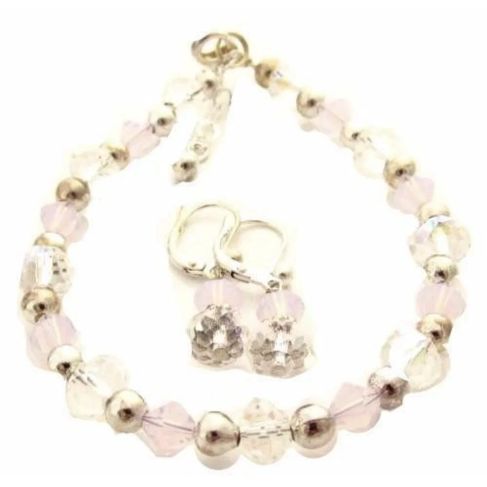 Pale Pink &‎ Clear Crystal & Silver Plated Findings Bracelet & Earrings Set